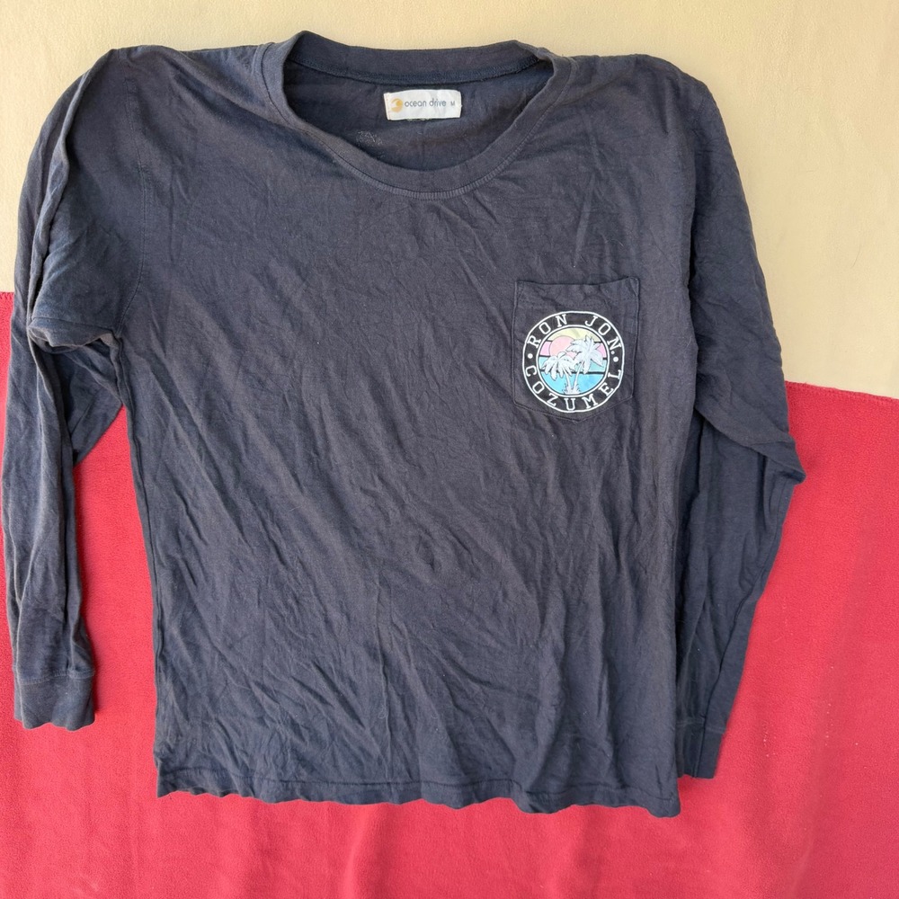 Ocean Drive Ron Jon Surf Shop Cozumel Long Sleeve Pocket Tee Black Mens Medium